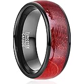NUNCAD Black Tungsten Rings for Men Red Wood Inlay 8mm Engagement Wedding Band Polished Domed Comfort Fit Size 7-12
