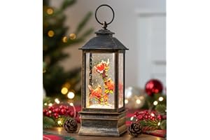 TIJNN 10" Christmas Snow Globe Lantern with Cardinal，Lighted Swirling Glittering Snow Globes with Music & Timer, Christmas Decorations for Home Tabletop Indoor