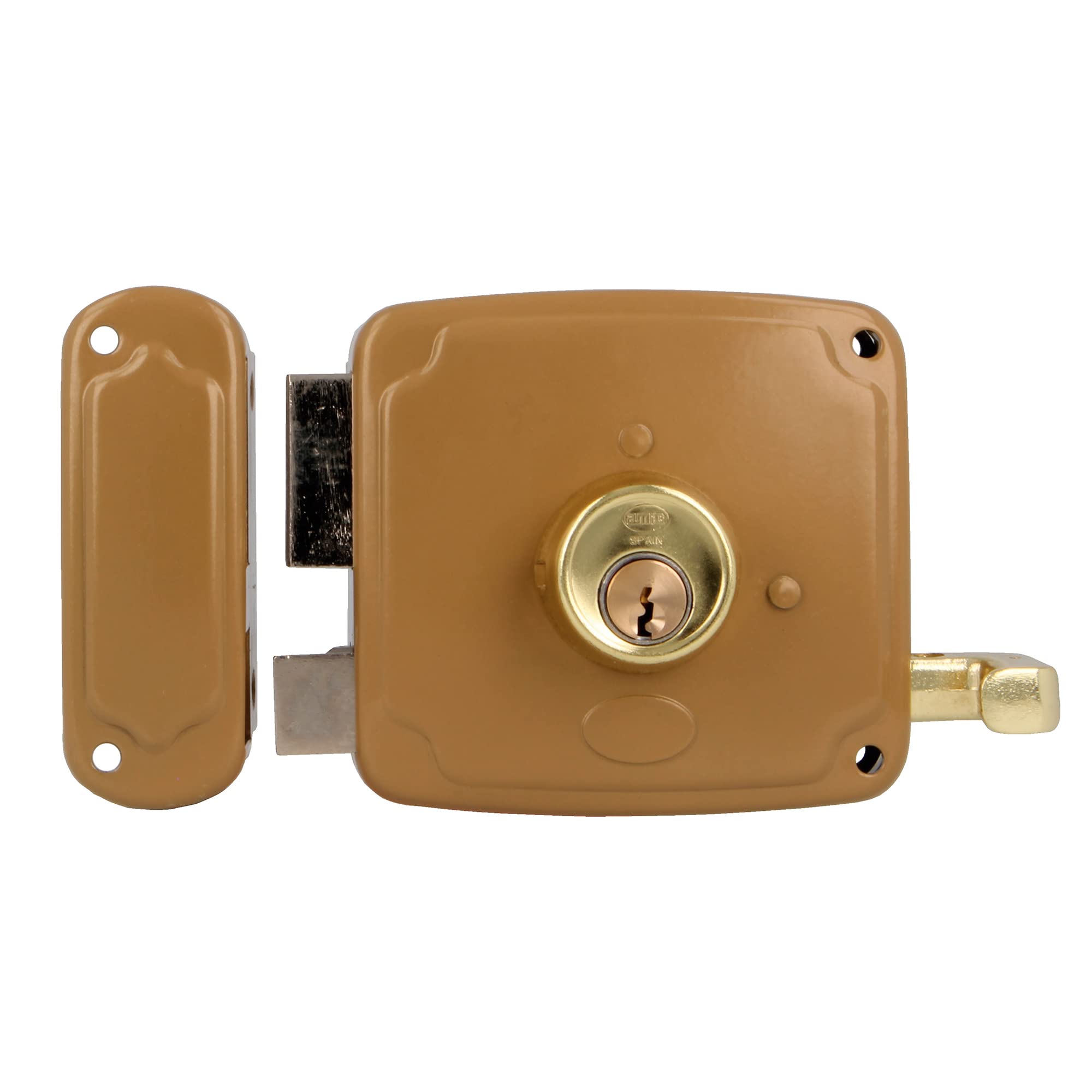 Amig - Surface-Mounted Left Lock with Closing Lever, Latch, and Handle | Made of Gold-Plated Steel | Dimensions: 100 x 95 mm | Ideal for Entry or Interior Wooden Doors.