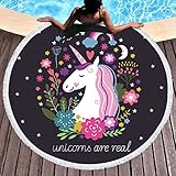 Sleepwish Unicorn Beach Towel Black Pink Round Beach Throw Blanket Fairy Animal Flowers Girls Beach Towels
