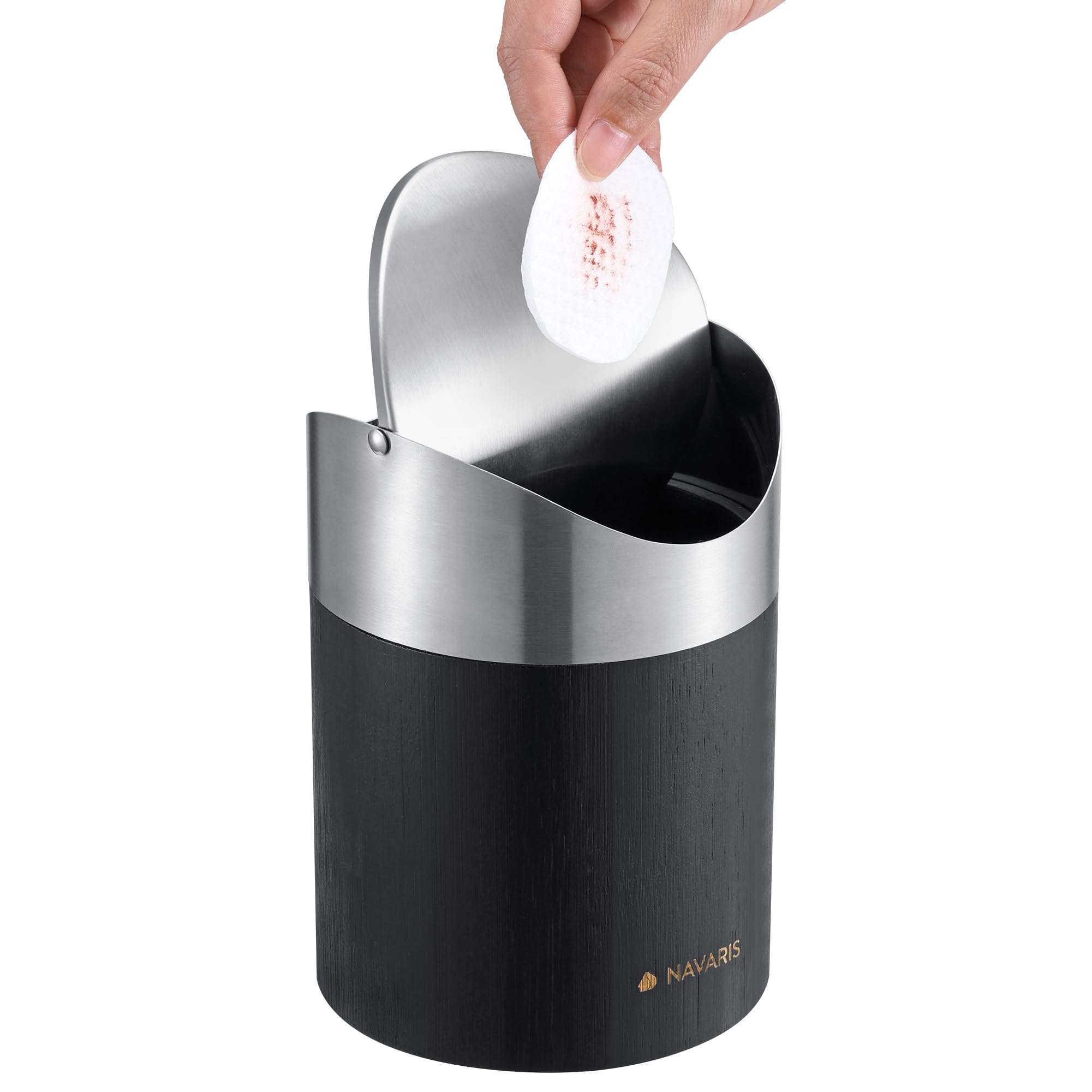 Photo 1 of Navaris Black Mini Trash Can - Small Bin with Stainless Steel Swing Lid for Easy Access - Desktop Bin Ideal for Office, Bathroom and Kitchen Counter - Compact and Easy to Clean