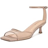 ISNOM Womens Mesh Kitten Heels Sandals Square Toe Ankle Buckle Strap Low Heels Comfort Summer Dress Shoes