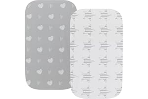 FADACUDAN Waterproof Bassinet Sheets, No Need for Bassinet Mattress Pad Cover, 2 Pack Stretch Jersey Knit Super Soft fit for Cradle Oval Rectangle Hourglass Mattress Grey Love & Stars
