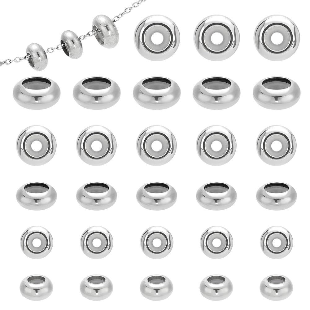PH PandaHall 30pcs Slider Beads, 7/8/10mm 304 Stainless Steel Slider Clasps Silicone Stopper Beads with Rubber Inside for DIY Crafts European Bracelets Necklaces Jewelry Making, Silver