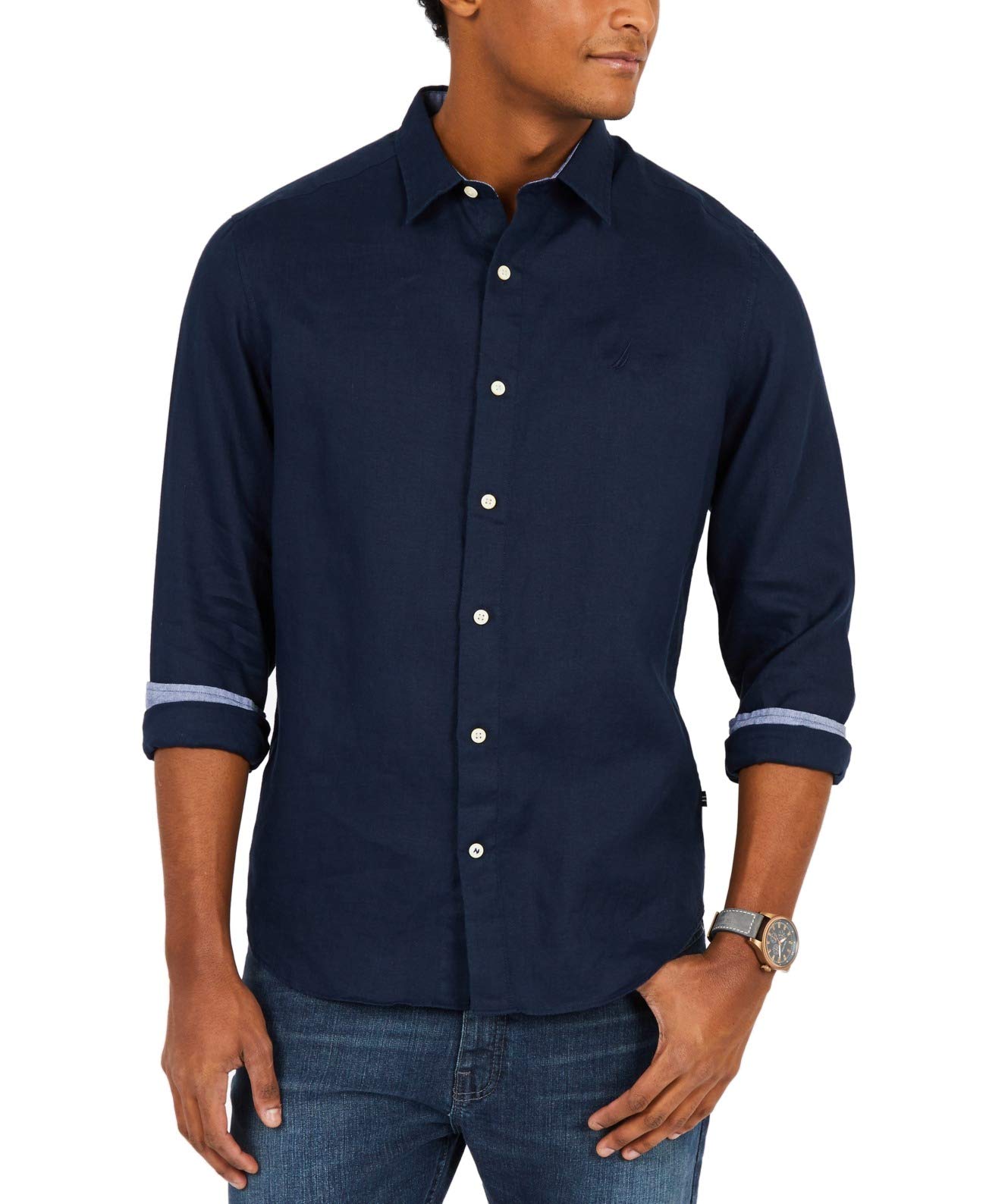 Nautica Men's Classic Fit Long Sleeve Solid Linen Shirt Nautical Fashions