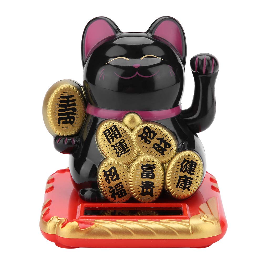 Fortune Lucky Wealth Welcoming Cat Solar Powered Cute Cat with Waving Arm Home Display Car Decor (Black Fortune Cat)