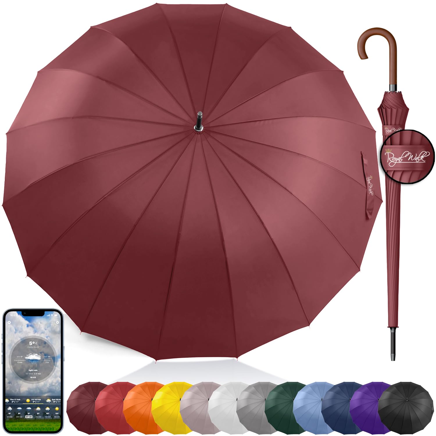 Royal Walk Windproof Umbrella Black Large 54 Inch Automatic Open for 2 Persons Stormproof for Men Women Classic Wooden Handle Lightweight Waterproof Durable Strong 16 Ribs Travel Golf 120cm Dark Red