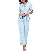 COLORFULLEAF 100% Cotton Women's Pajamas Sets Button Down Sleepwear Short Sleeve with Long Pants Lounge Pj set