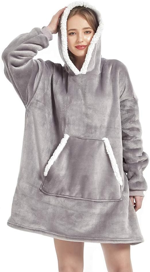 Sherpa Sweatshirt Blanket Adult，Standard Size Hoodie Blanket, Plush Fleece Blanket Sweatshirt with Sleeves and Pockets for Men, Women ， Gifts for Families （Grey）