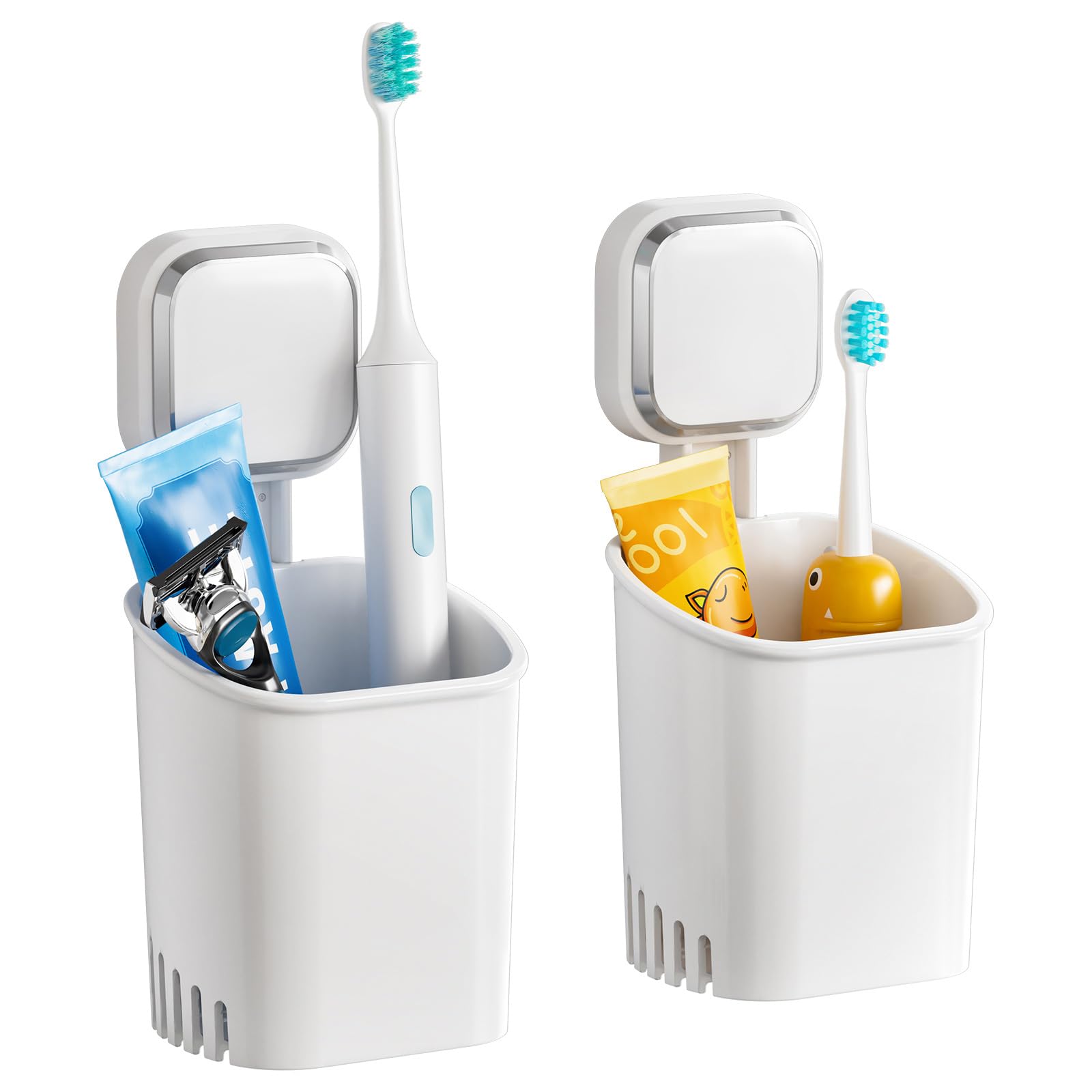 TAILI Suction Toothbrush Holder Wall Mounted, MAX Hold 5 KG, Electric Toothbrush Holders for Bathroom 2 Pack, Shower Razor Organizer, Removable, Stick on Plastic Toothpaste Organizer - White & Square — image 1