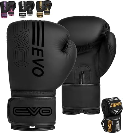 EVO Fitness Boxing Gloves Matte Black 12 OZ with Hand Wraps Unisex