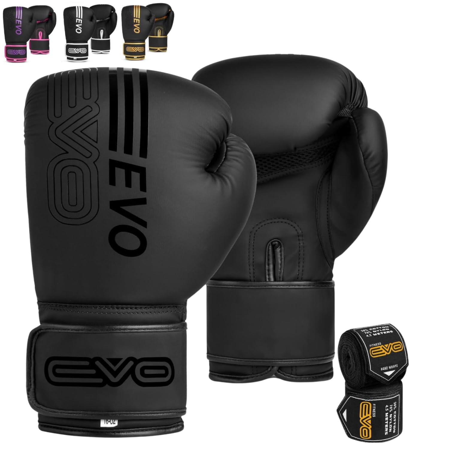 EVO Fitness Matte Black Boxing Gloves MMA Muay Thai Martial Arts Kick Boxing Sparring Training Fighting Men Punch Bag Women Pink Gloves With Hand Wraps (Black, 12 OZ)