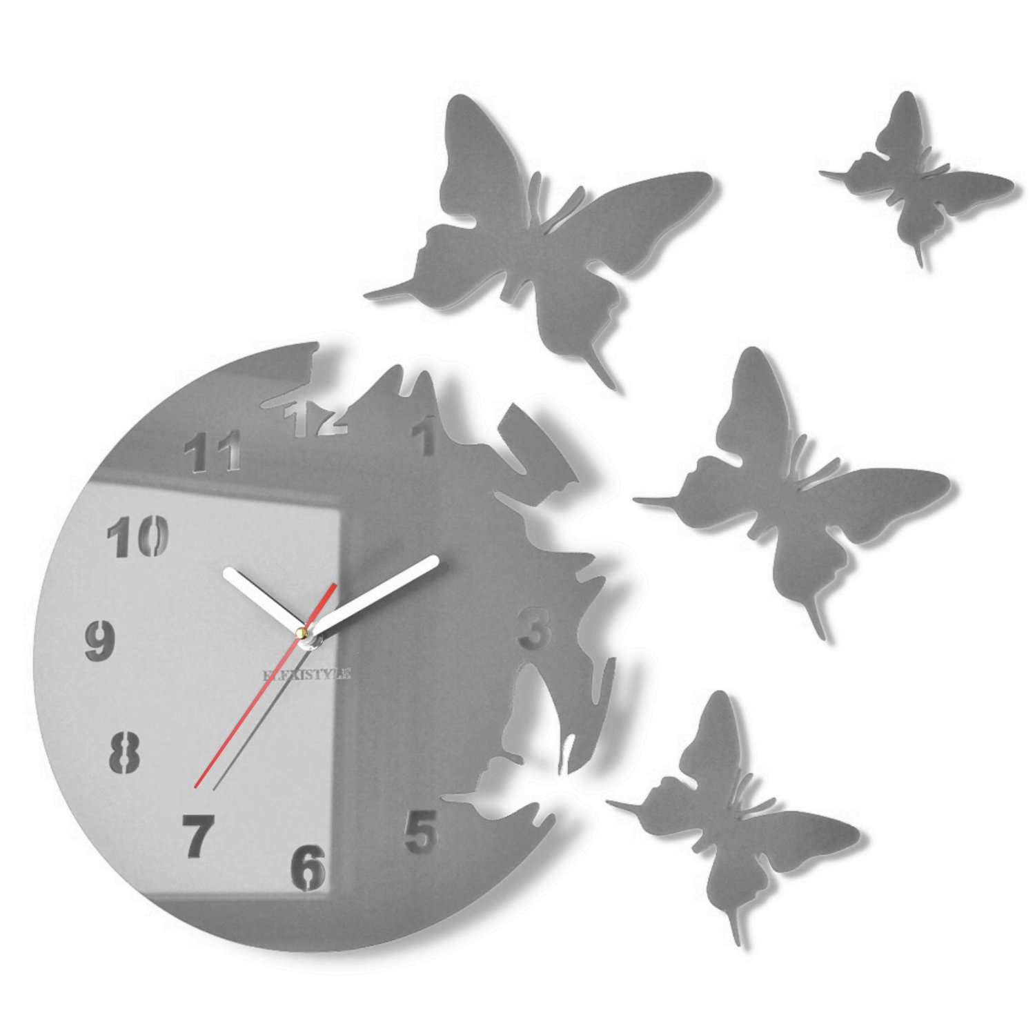 FLEXISTYLE Modern wall clock Butterfly 30cm grey acrylic glass silent non ticking for kitchen office living room bedroom