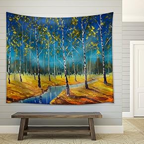 Original Oil Painting of River in a Birch Grove on Canvas. Modern Impressionism Art. Artwork. - Fabric Wall Tapestry Home Decor - 51x60 inches