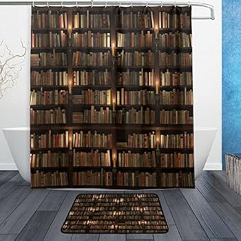WOZO Library Bookworm Bookshelf Polyester Fabric Bathroom Shower Curtain 60 x 72 inch with Hooks Modern Bathroom Doormat Rug 23.6 x 15.7 inch