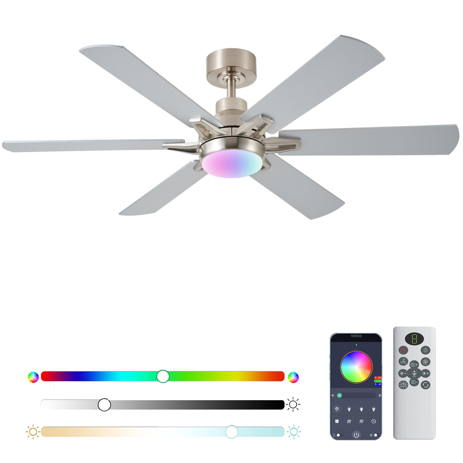 Photo 1 of 52in Ceiling Fans with Lights RGB Ceiling Fan with Light and Remote/APP Control,Low Profile Ceiling Fans with Lights for Bedroom,Living Room,Kids Room,3CCT Dimmable Modern Ceiling Fan, 8 Speeds,Nickel