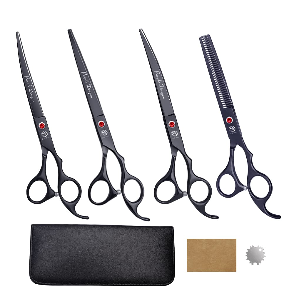 Photo 1 of *Minor Damage*
Purple Dragon Professional 7.0 inch 4PCS Pet Grooming Scissor Kit Japan Premium Steel Straight & Curved & Thinning Blade Dog Hair Cutting Shears Set with Case