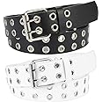 BKpearl 2 Pack Double Grommet Belt, PU Leather Punk Belt 2 Hole Grommet Jeans Belt for Women Men