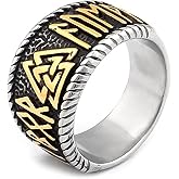 BAVIPOWER 18K Gold Plated Odin Valknut Rune Circle Ring Stainless Steel Asatru Pagan Scandinavian Jewelry for Men Women