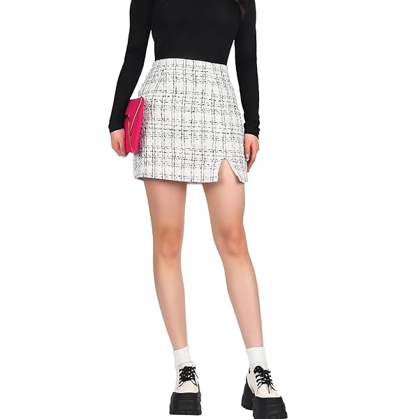 IBEAUTI WOMEN’S HIGH WAIST PLAID SKIRT SIDE SPLIT BODYCON PENCIL MINI SKIRT (US, ALPHA, SMALL, REGULAR, REGULAR, PLAID WHITE)