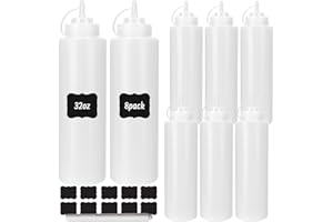 DHSBTLS 32 oz Plastic Squeeze Bottles, 8 Pack Clear Condiment Squeeze Bottles with Tethered Caps, Ketchup Bottles for Sauces,