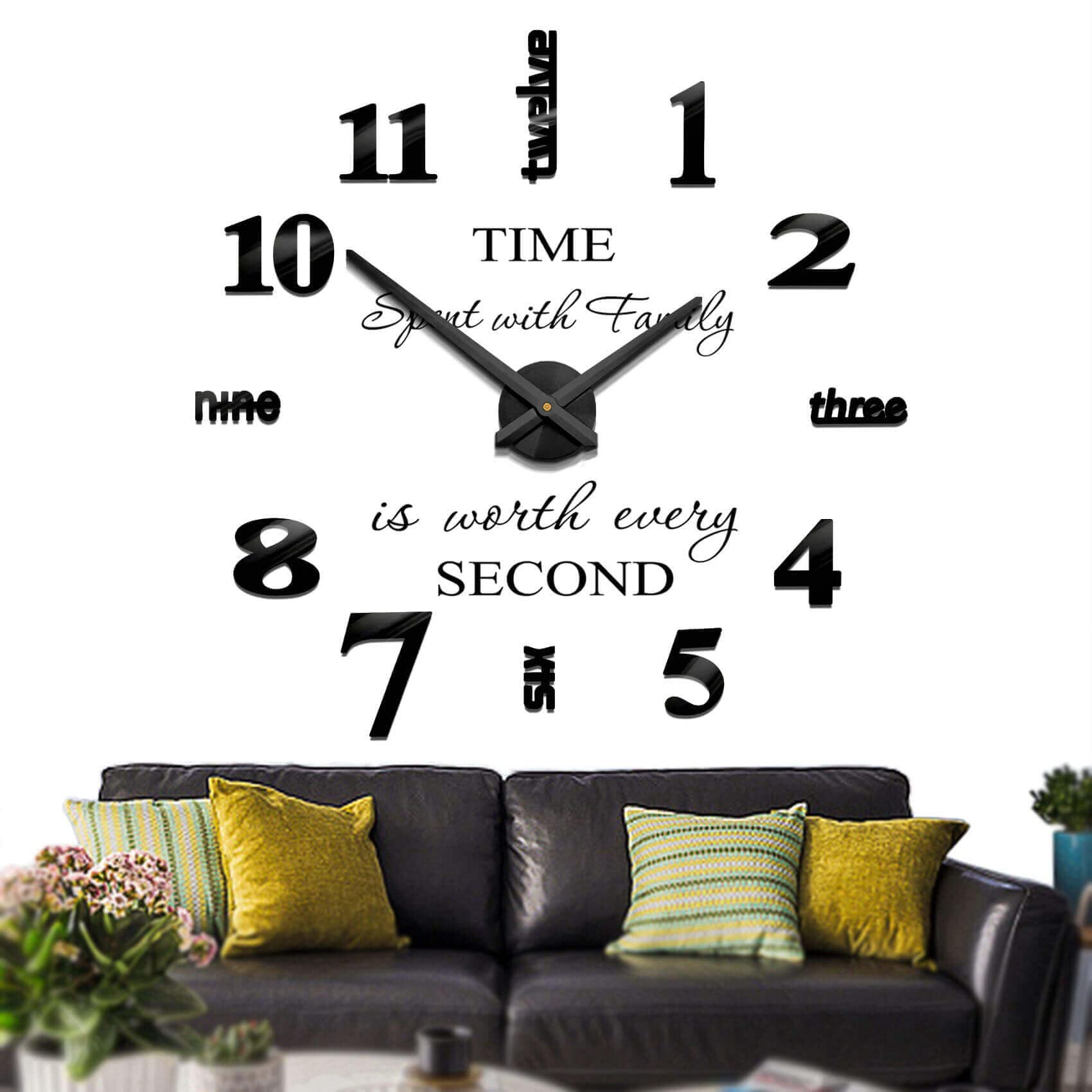 Mintime Frameless Large 3D DIY Wall Clock Mute Mirror Stickers Home and Office School Decoration Black-14