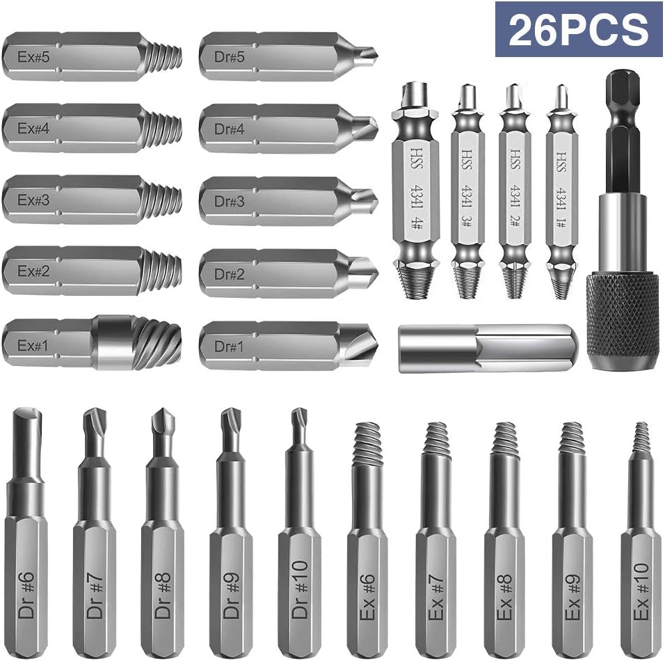 SILIVN Damaged Stripped Screw Extractor Set for Broken Screw, All-Purpose HSS Broken Bolt Extractor Screw Remover Set with Magnetic Extension Bit Holder & Socket Adapter (26 PCS)