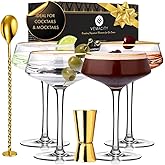 VEMACITY - Deluxe Espresso Martini Glasses Set of 4 | 10oz Coupe Glasses with Gold Rims for Champagne, Cosmopolitans - Includes Gold Jigger, Bar Spoon & eBook - | Ideal for Martinis and Manhattans