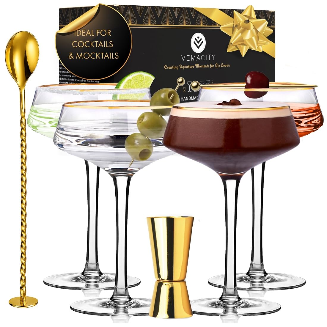 Photo 1 of VEMACITY - Deluxe Espresso Martini Glasses Set of 4 | 10oz Coupe Glasses with Gold Rims for Champagne, Cosmopolitans - Includes Gold Jigger, Bar Spoon & eBook - | Ideal for Martinis and Manhattans