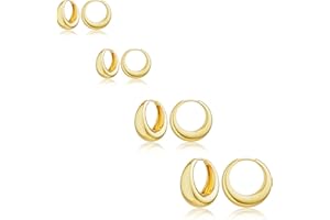 Foxgirl 4 Pairs Small Chunky Huggie Hoop Earrings for Women - Dainty 14K Gold Plated Hypoallergenic Lightweight Stack Earring Sets for Multiple Piercing Trendy Jewelry