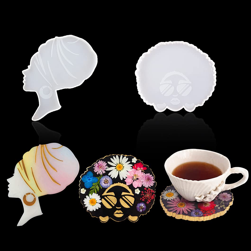Rolin Roly 2Pcs Resin Coaster Moulds Woman Head Silicone Mould Cup Mat Epoxy Casting Mold DIY Jewelry Storage Molds for Home Decoration Coffee Pad