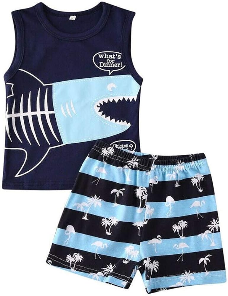 2PCS Toddler Boys Summer Outfits Shark Tank Top and Coconut Tree Short Set