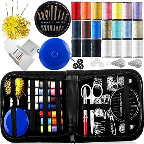 Sewing Kit With 105 Accessories for Travel Repairs - Includes Colorful Threads , Retractable Tape Measure Plus 2 Extra Travel Sewing Kits in a PU Leather Case, Mini sewing kit for Beginners