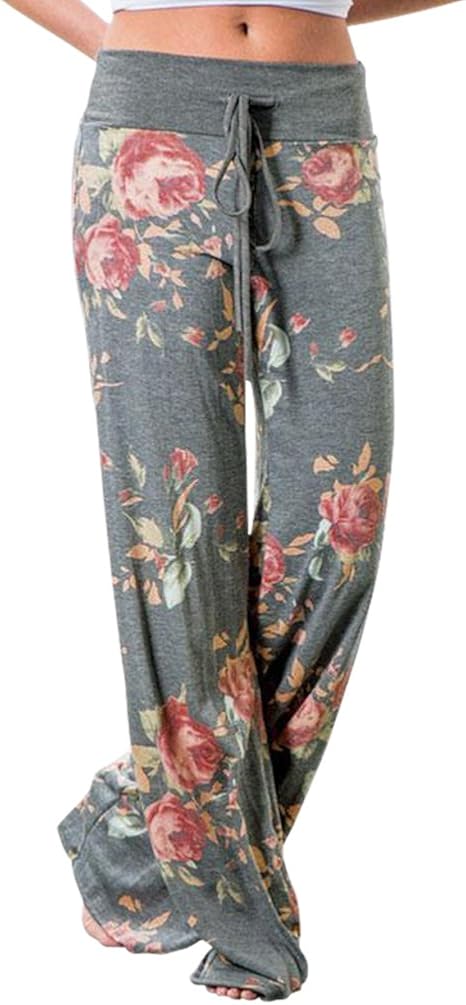 AMiERY Women's Comfy Casual Pajama Pants Floral Print Drawstring Palazzo Lounge Pants Wide Leg at  Women’s Clothing store
