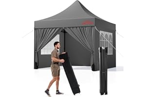 Benass 10x10 Heavy Duty Pop Up Canopy with 4 Sidewalls, 550D Commercial Easy Up Canopy Tent, Waterproof Outdoor Party Tent with Roller Bag, Grey