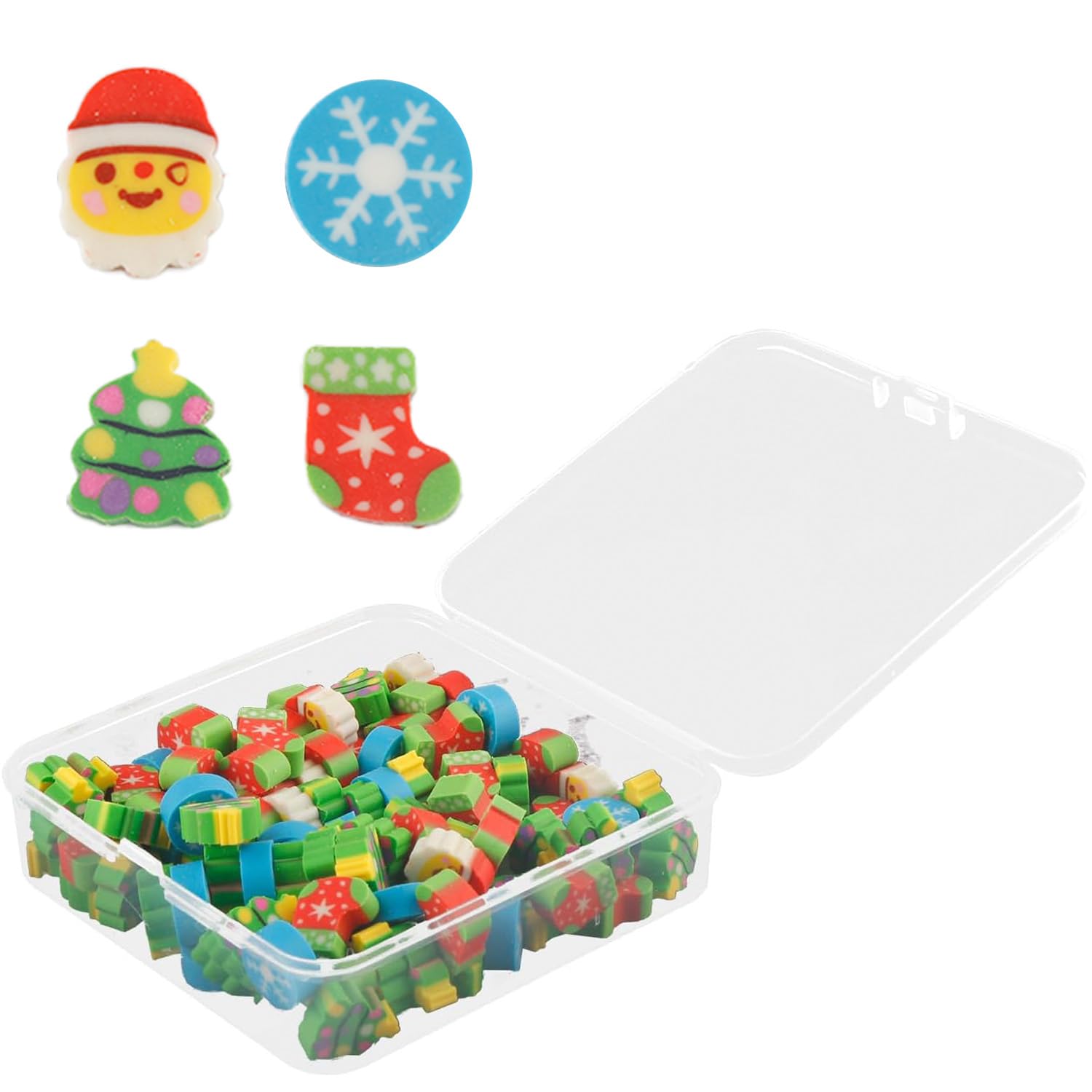 Wellrun 100PCS Mini Christmas Erasers,Cute Xmas Erasersfor Kids, Fun Socks Santa Snowflakes for Students Homework Classroom Rewards Prizes Party