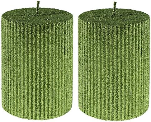 Jay Imports Green Pinstripe Glitter Finish 3" X 4" Pillar Candle, Set of 2