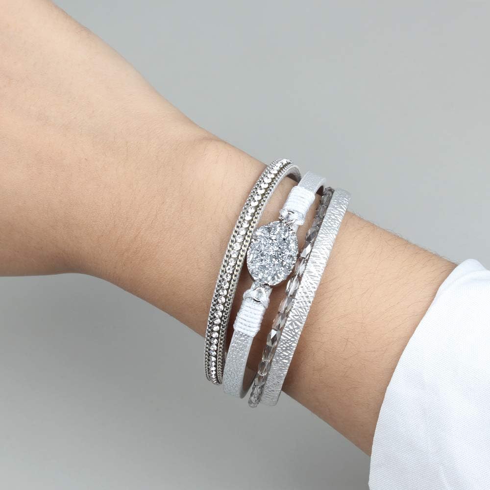 Leather Wrap Bracelet Boho Cuff Bracelets Crystal Bead Bracelet with Magnetic Clasp for Women Handmade Layered Bracelet for Teen Girls(7.7", Silver): Clothing