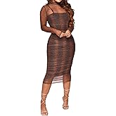 Fastkoala Women Sexy Long Sleeve Printed Sheer Mesh Bodycon Midi Dress See Through Slim Fit Party Clubwear Night Dress