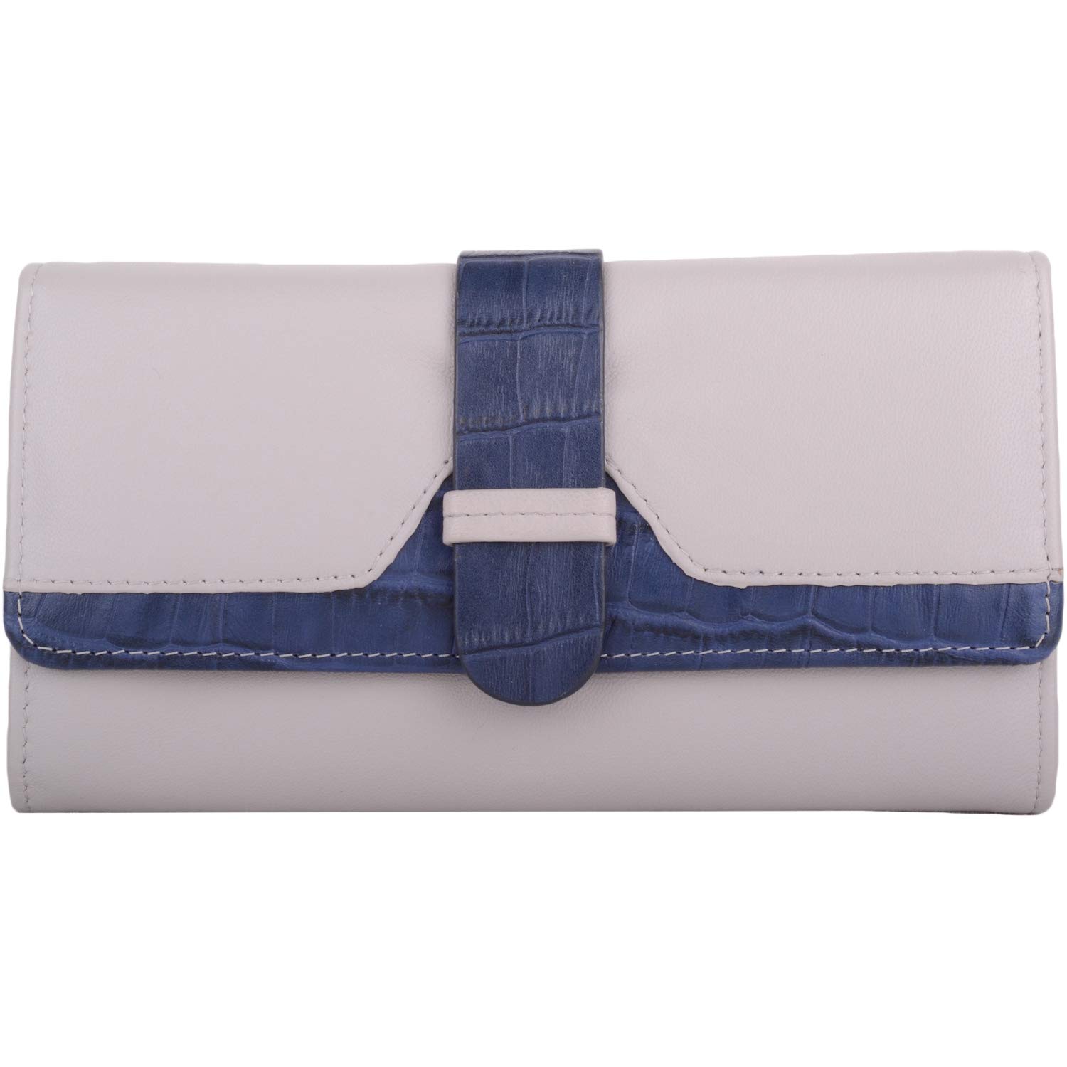 Womens Soft Leather Bi-Fold RFID Protected Money/Credit Card Purse with Croc Design - Ivory/Blue