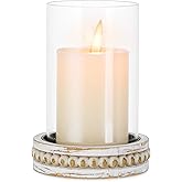 Glasseam Glass Hurricane Candle Holder, Decorative Candle Holders for Pillar Candles, Boho Candle Holders for Table Centerpiece, Glass Cylinder With Wood Beaded Candle Plate for Dining Room Decoration