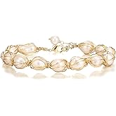 EVER FAITH Elegant Pearl Bracelet 18K Gold Vintage Freshwater Pearls Wrapped Silk Handmade Adjustable Charm Bracelets Dainty Wedding Bridal Jewelry for Women