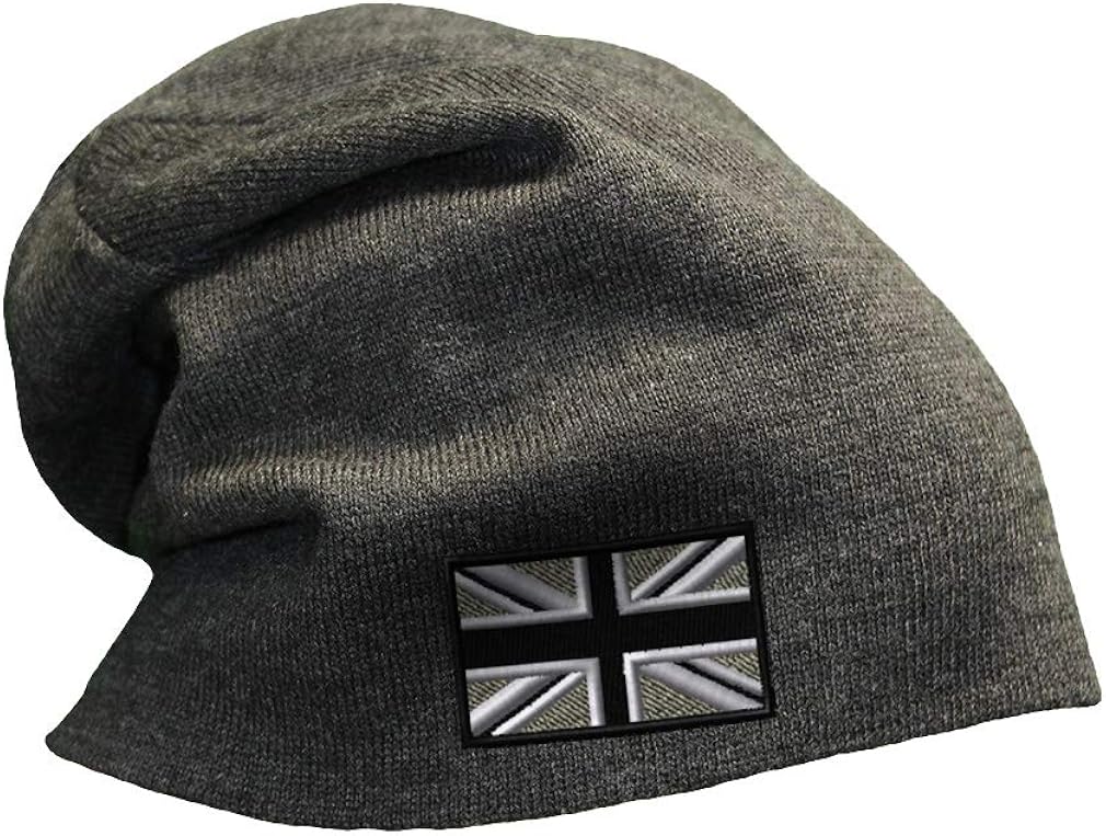 Custom Slouchy Beanie British Flag Black White Embroidery Acrylic Skull Cap Hats for Men & Women Dark Grey Design Only: Clothing