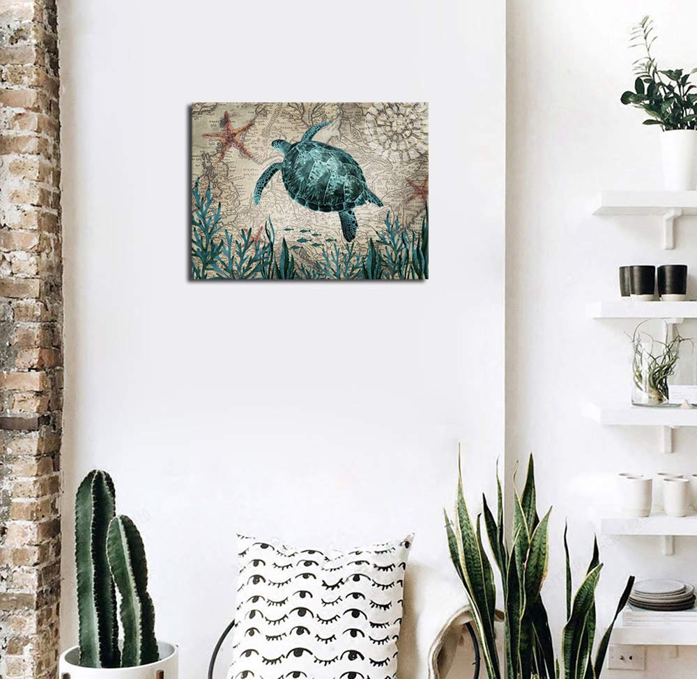 Sea Turtle Canvas Wall Art for Bathroom Decor Green Turtle Painting Pictures Ocean Nautical Canvas Artwork for Living Room Bedroom Office Kitchen Kids Room Decoration 12\