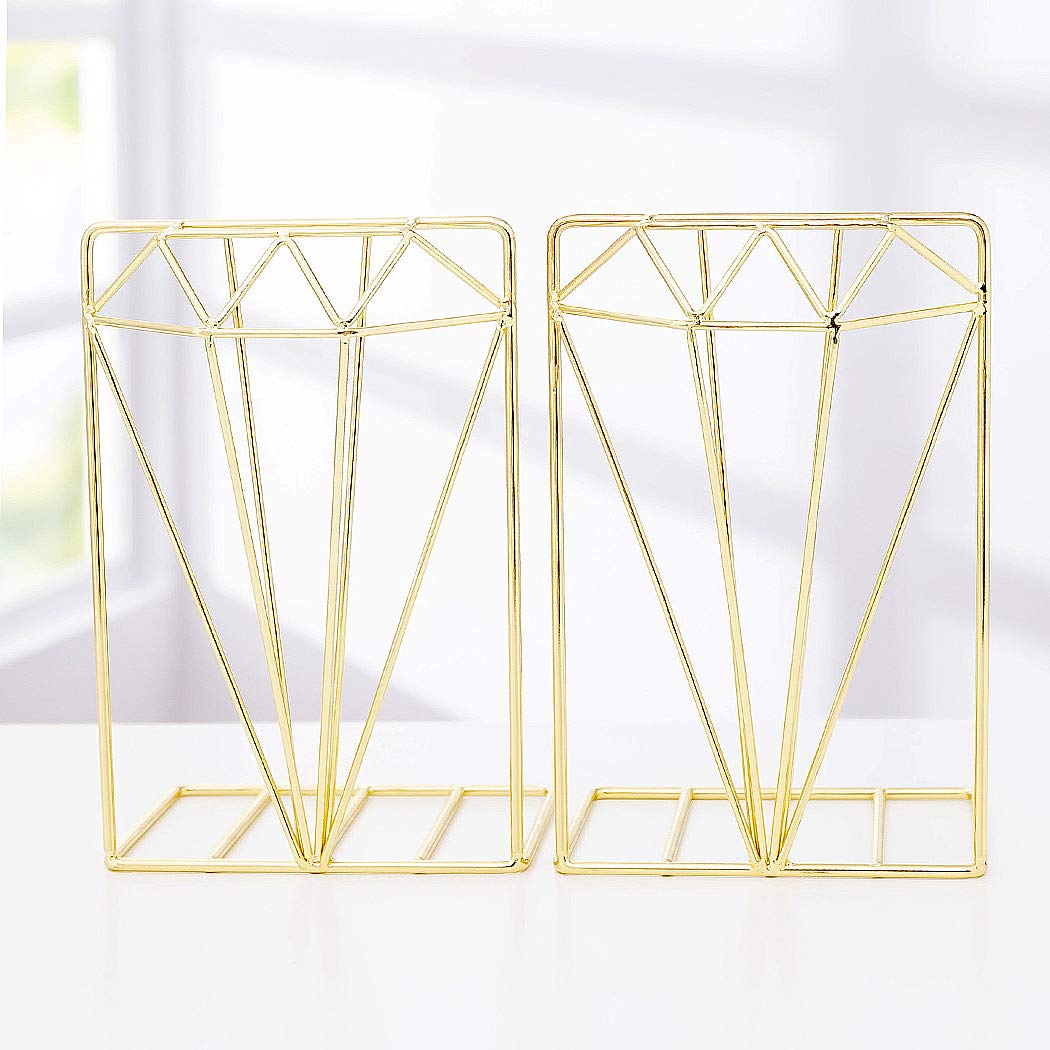SIPLIV 3D Creative Minimalist Style Bookends Metal Adjustable Books Holder Stand Book Rack Desk Bookend - Diamond, Gold