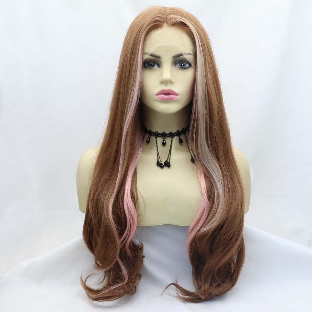 xiweiya Long Mixed Brown Wavy Wig Highlight Rose Pink With Blonde Brown Synthetic Lace Front Wigs with Heat Resistant Fiber for Women Drag Queen Makeup Everyday Wig 24 inches