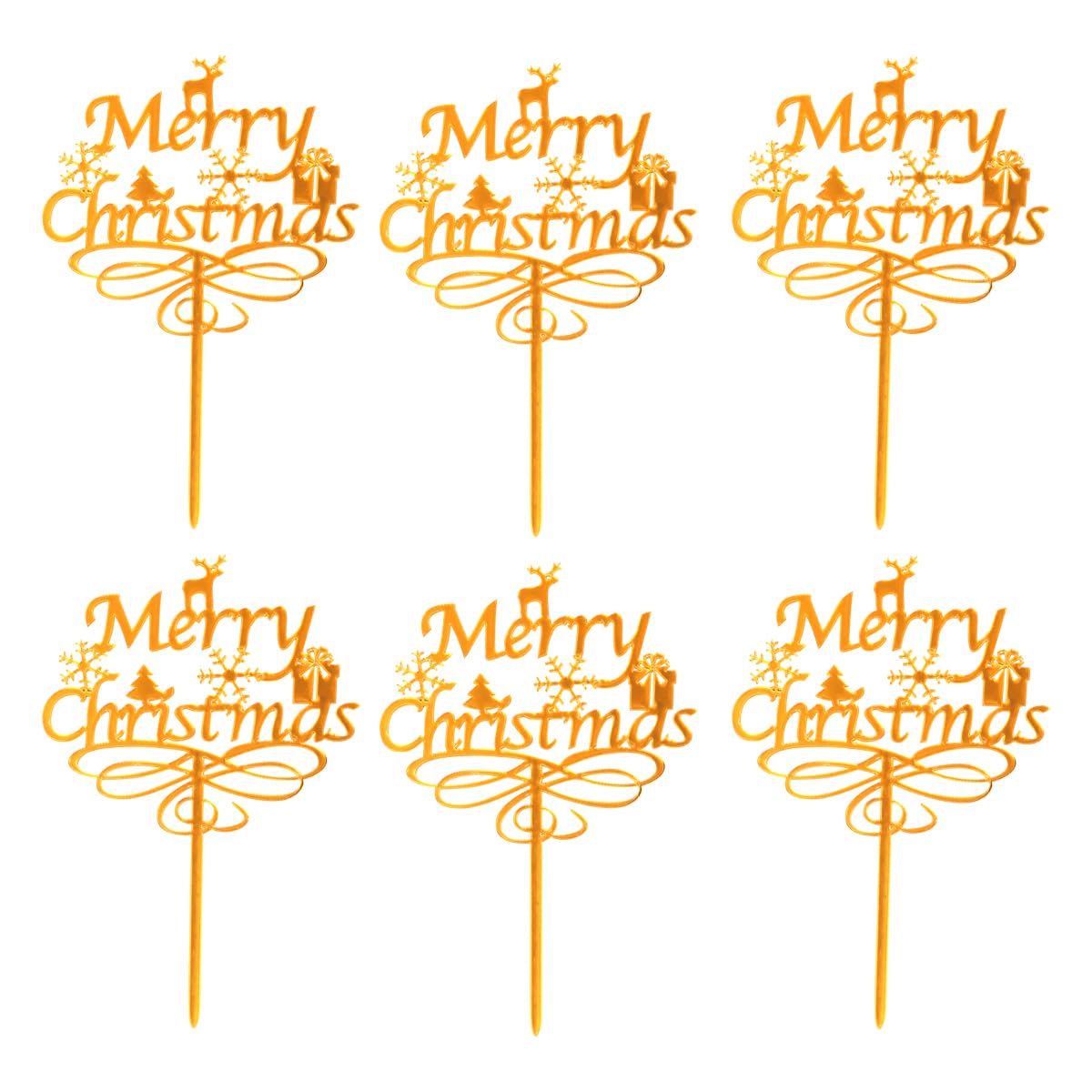 Amosfun 6pcs Merry Christmas Cake Toppers Decorations Snowflake Deer Xmas Party Cake Decorations Dessert Picks Cake Ornament for Party Xmas