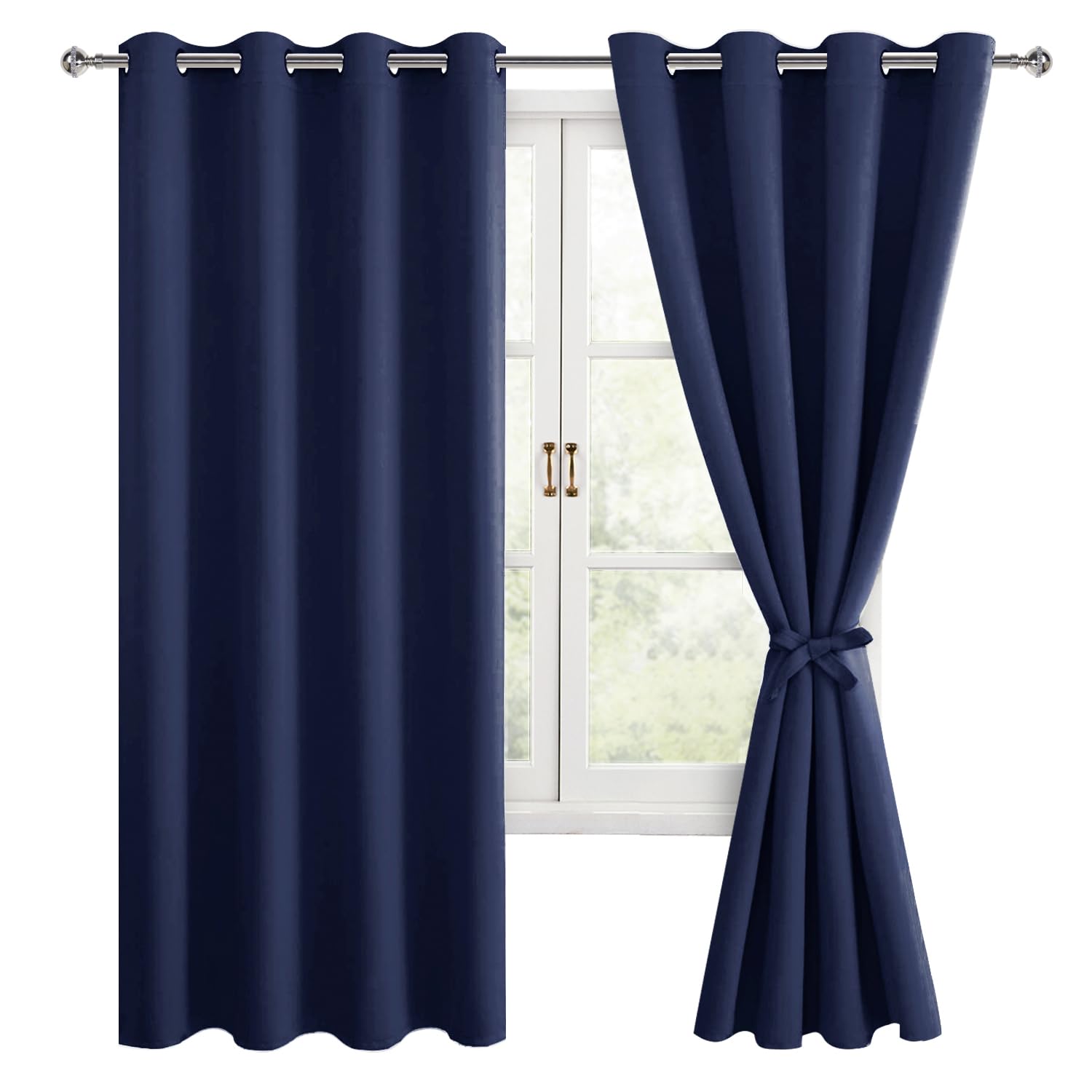 DWCN Navy Blue Blackout Curtains with Tiebacks for Bedroom Thermal Insulated Solid Eyelet Curtains for Living Room,2 Panels,52" Wide x 63" Drop — image 1