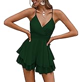 Fixmatti Women Spaghetti Strap Romper V Neck Backless Ruffle Chiffon Shorts Jumpsuit Playsuit