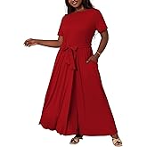 XNMHL Plus Size Dresses for Curvy Women Soft Comfy Stretchy Short Sleeve High Waist Self Tie Flowy Pleated Maxi Dress